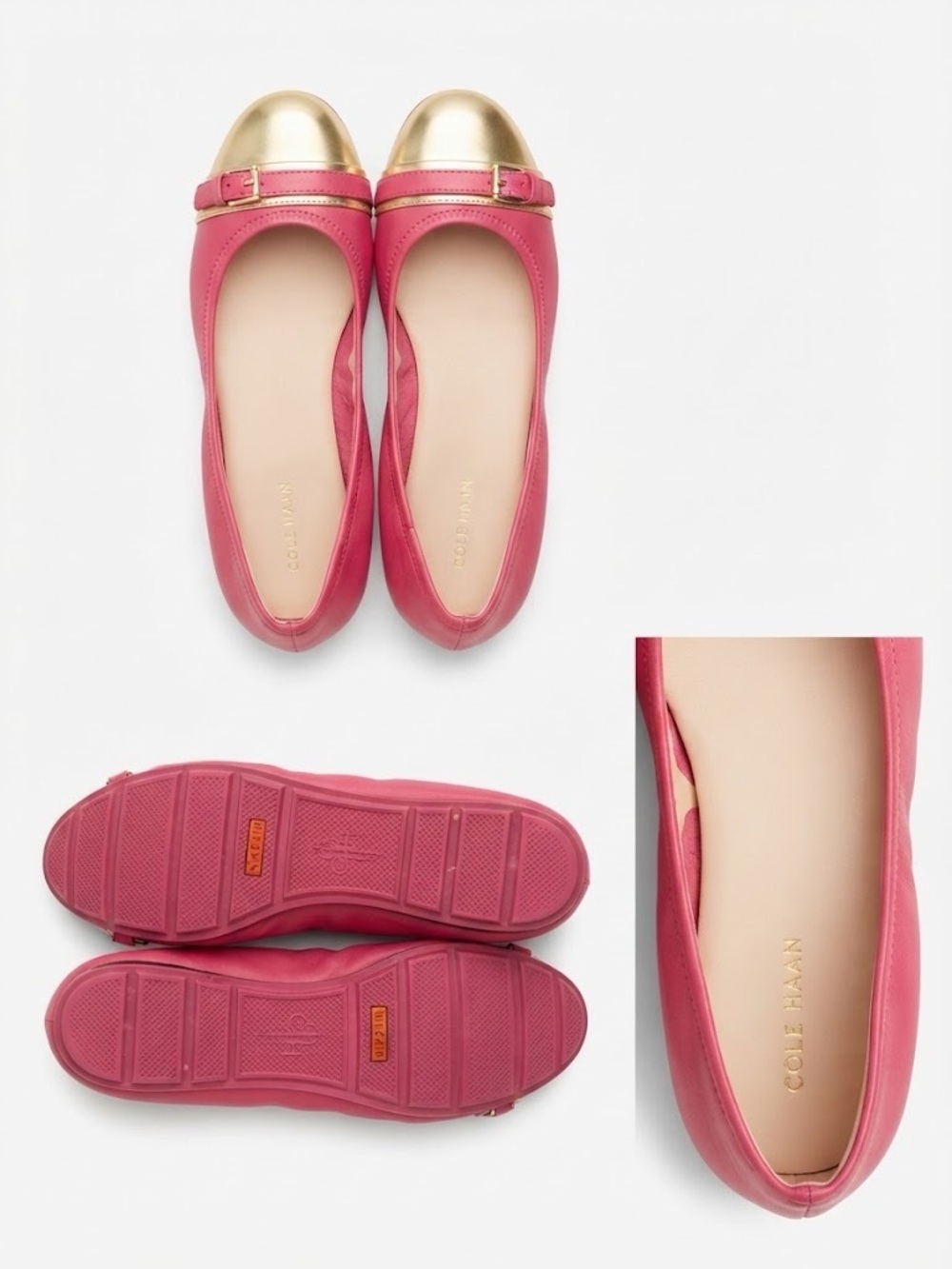 Cole Haan Nike Air Pink Leather Ballet Flats with Gold Cap Toe - Women's Size 8